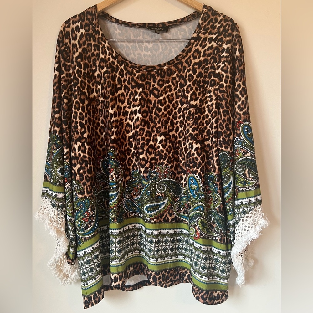 Melissa Paige Leopard Paisley Print Tunic Fringe Top Blouse 3/4 Sleeves Size 1X